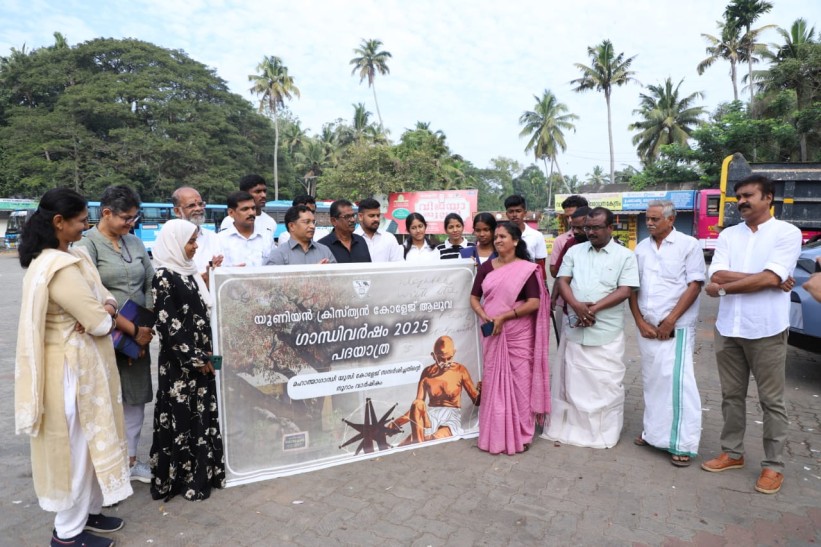 Celebrating the centenary of Mahatma Gandhi's visit to Aluva Union Christian College; College authorities and students visit historical monuments in Vaikom.