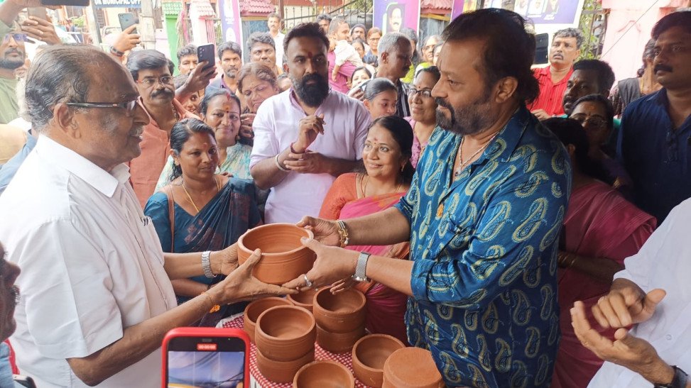 Suresh Gopi MP distributes earthenware utensils to birds to quench their thirst on World Water Day