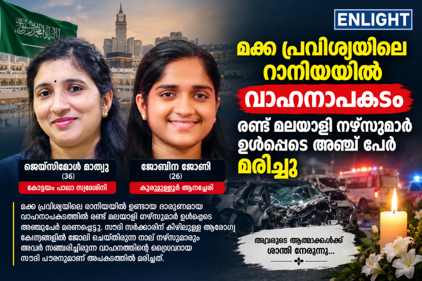 സൗദി അറേബ്യയിൽ വാഹനാപകടം: രണ്ട് മലയാളി നഴ്സുമാർ ഉൾപ്പെടെ അഞ്ച് പേർ മരണപ്പെട്ടു